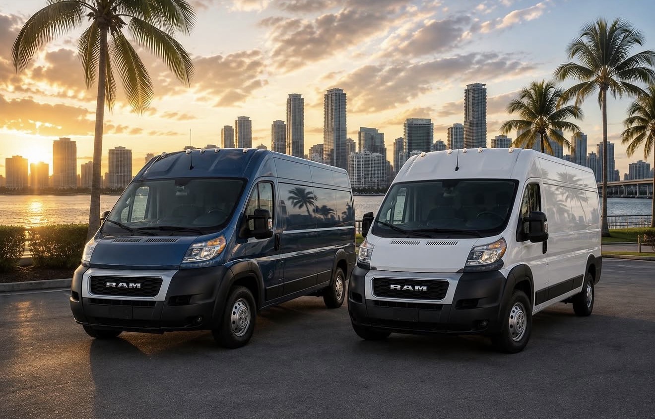 MCADA Logistics RAM ProMaster cargo vans at sunset