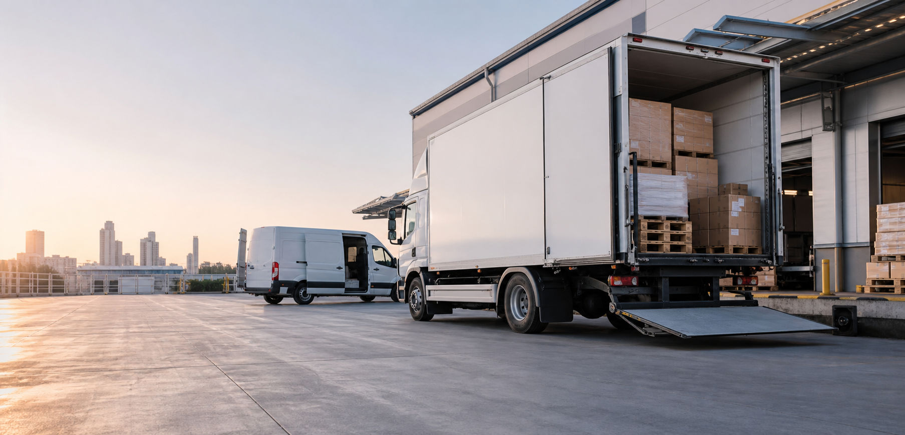 Cargo van and box truck loading freight at a warehouse dock